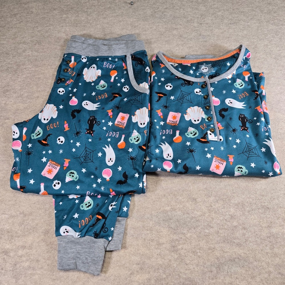 Cuddl Duds Halloween Pajama Set Teal Blue Ghost Cat Magic Print Womens Medium